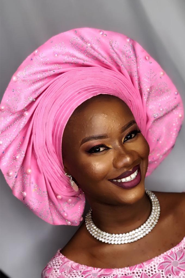 Traditional Nigerian pink Auto gele head wrap