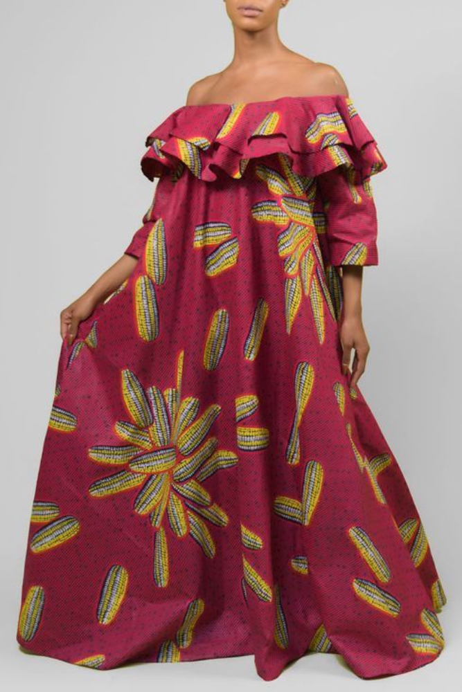 Jovita Off-Shoulder Africa Wax Print Maxi Dress